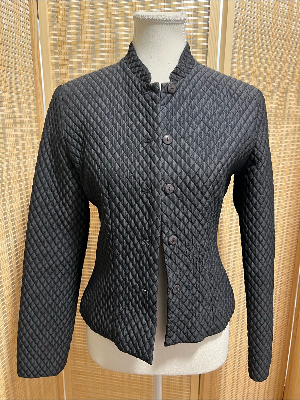 Fitted Black Quilted Button-Front Puffer Jacket